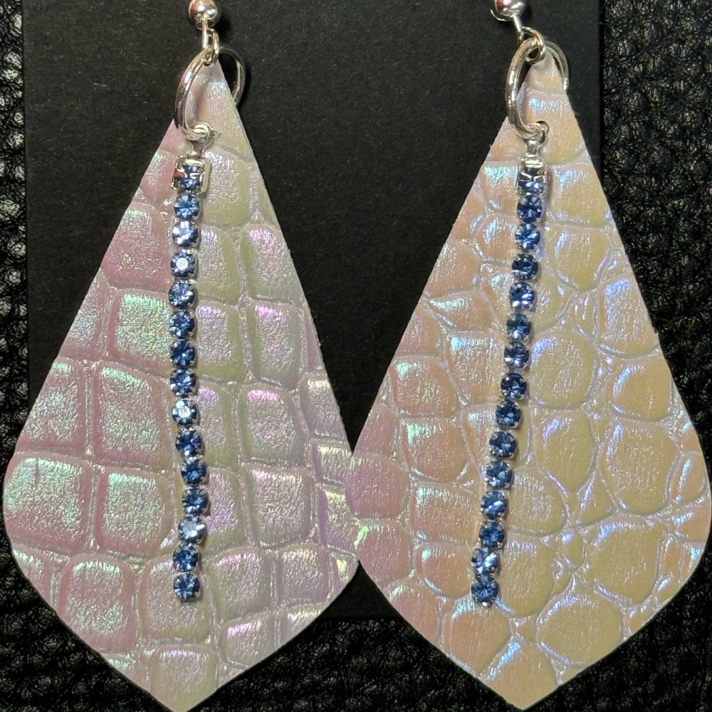 Iridescent White and Blue Dangle Earrings
